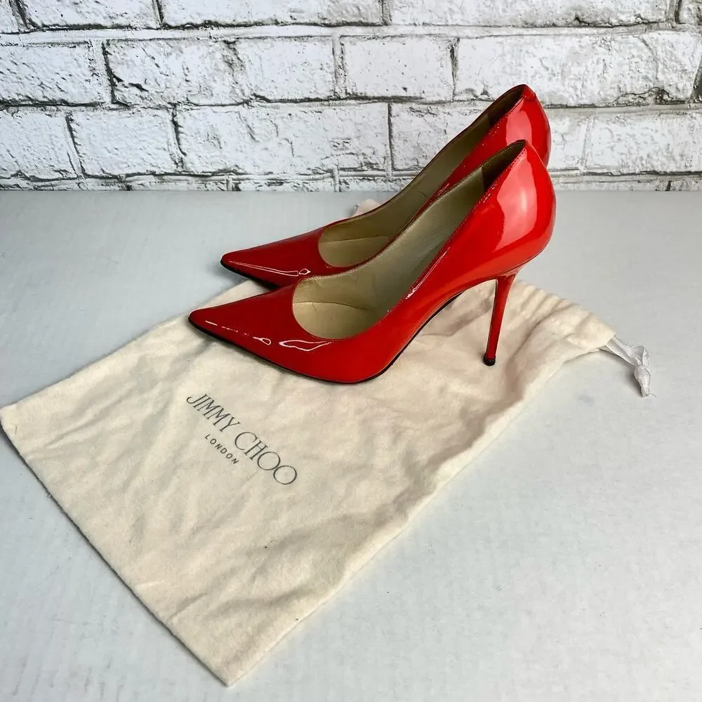 Jimmy Choo Heels Pumps Point Toe Stiletto Shoes Patent Leather Red 38 8 - Picture 2 of 15